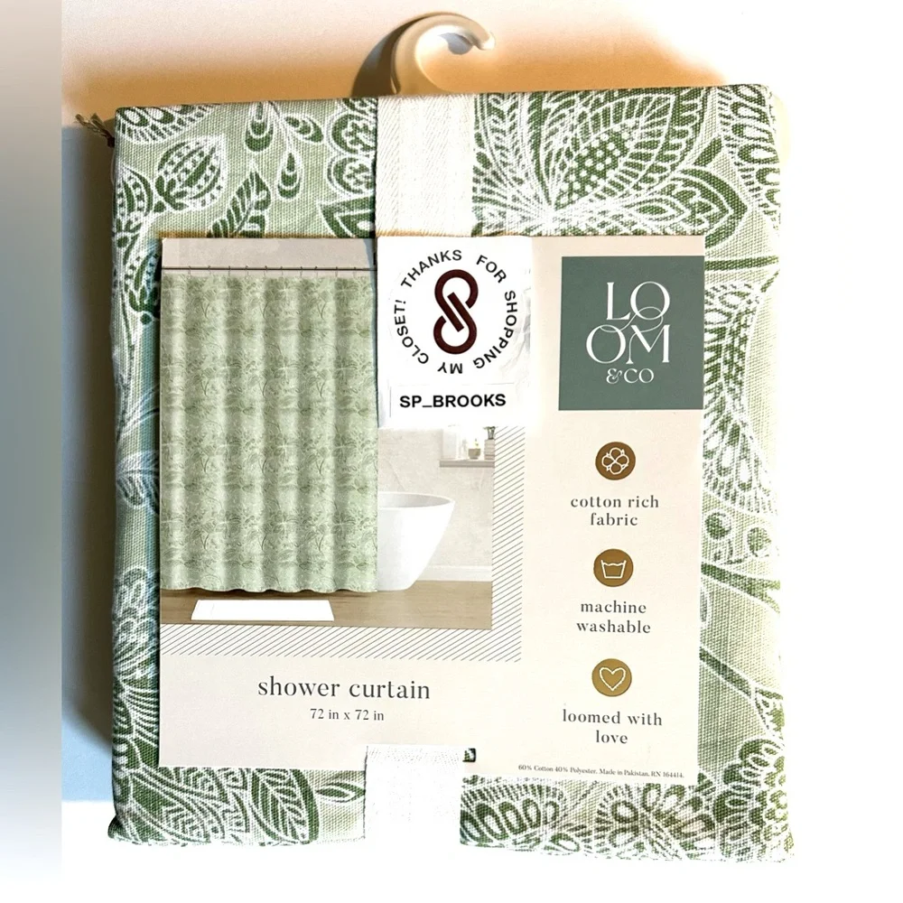 🎁LOOM & CO Shower Curtain - Cotton & Polyester - Green & White - 72” x 72”
